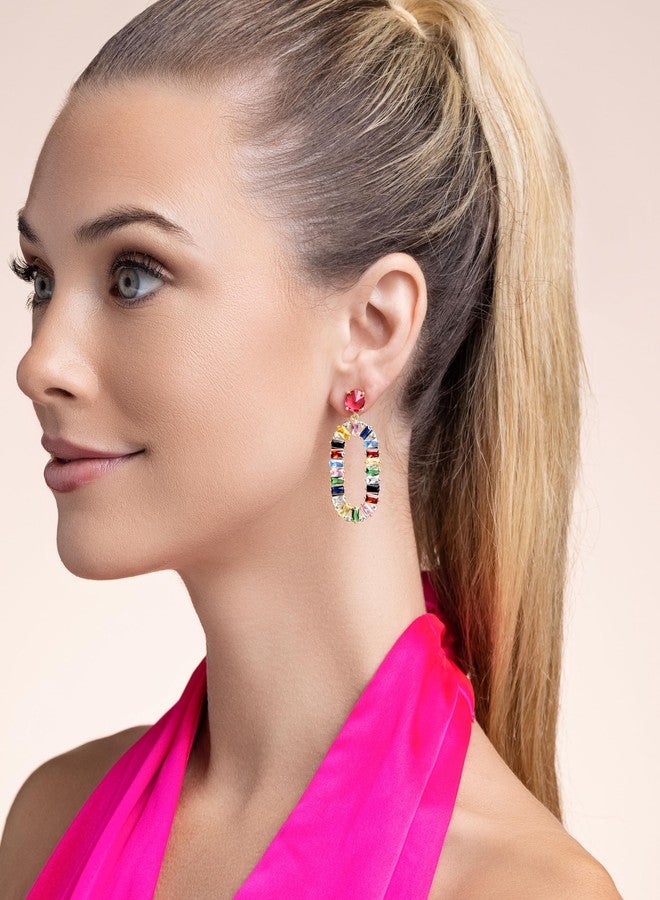 SNGIA Huggie Earrings, Gold Plated, Red, Pink, Sparkly Rhinestone Rectangle Dangle Earrings, Geometric Drop, Multi Color, Gemstone, Chunky Hoop, Dangling, Rhinstone, Women - Image 2